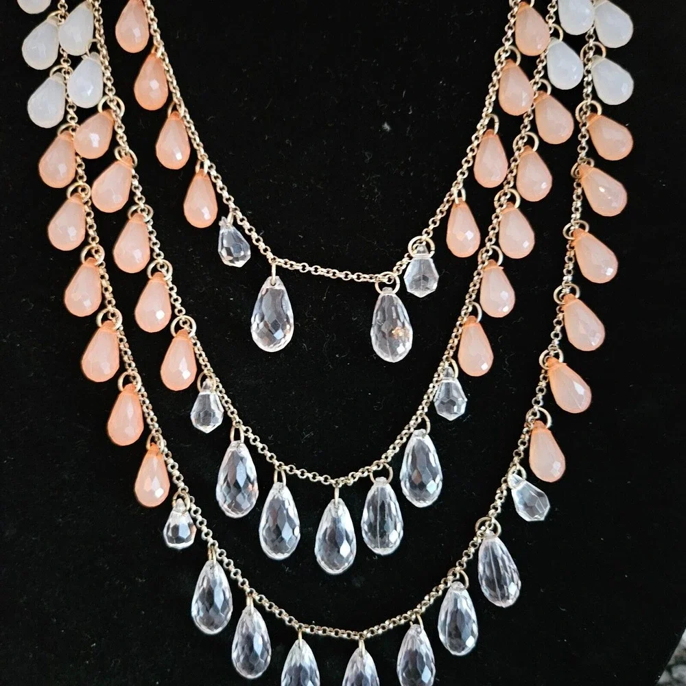 Multi Strand Dangle‎ Bib Necklace Goldtone Peach, Clear, & milk acrylicBeads